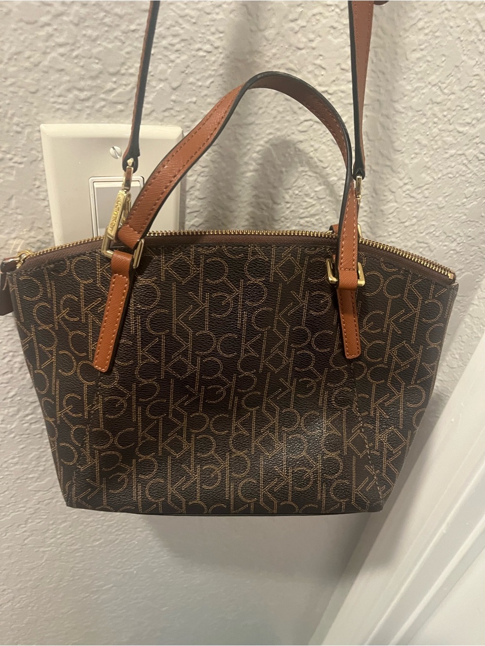 Calvin Klein Brown Monogram Satchel with Tan Tassel - Picture 4 of 6